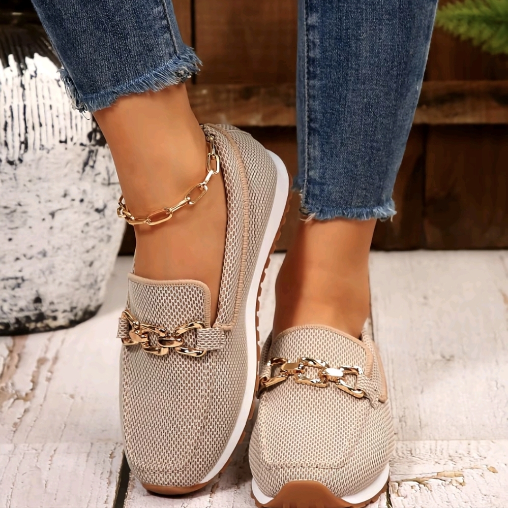 Stylish Beige Loafers with Gold Chain